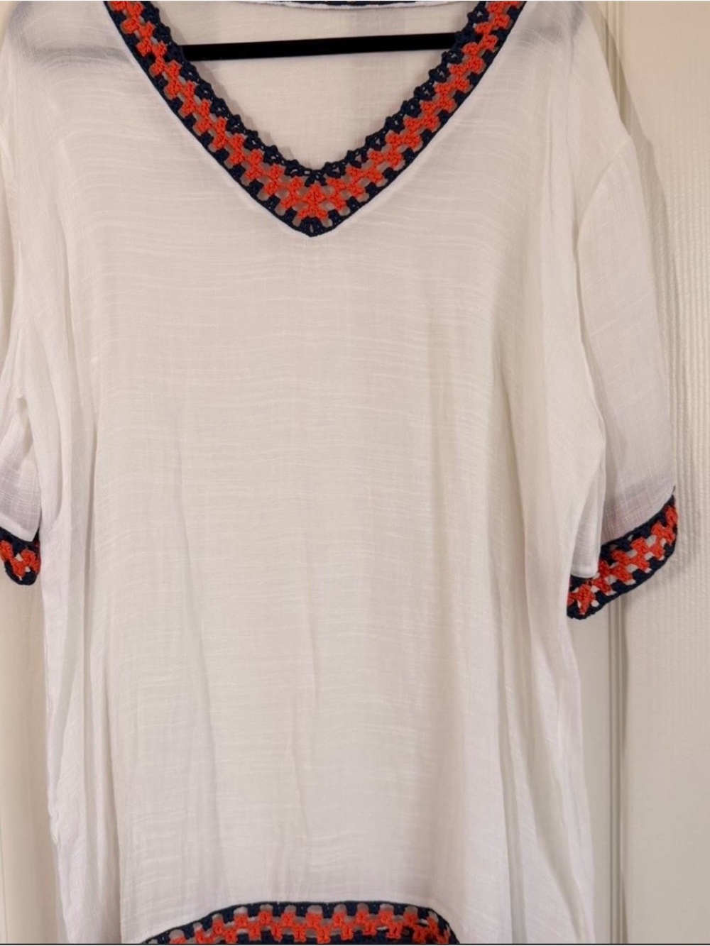 Linen Style Tunic White V-Neck Top Navy and Orange Crochet Trim Coverup One Size